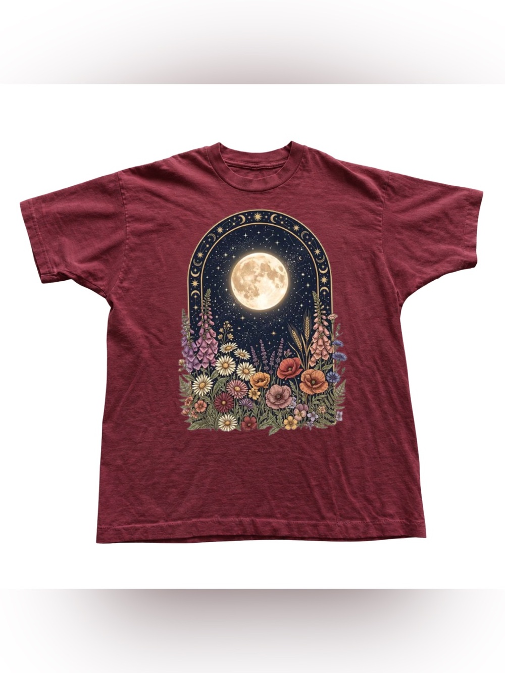 Moon & Floral Graphic Tee - Burgundy